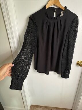 B Sz XL Black High Neck Long Sleeve Blouse Lace Sleeves Keyhole Button Fairygoth